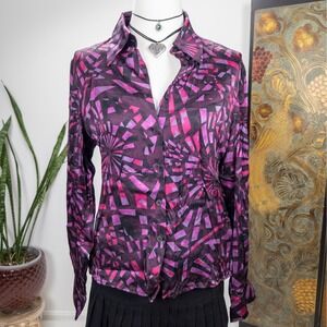 Y2K Purple‎ Abstract Silk Button Down Blouse Womens Anne Klein
